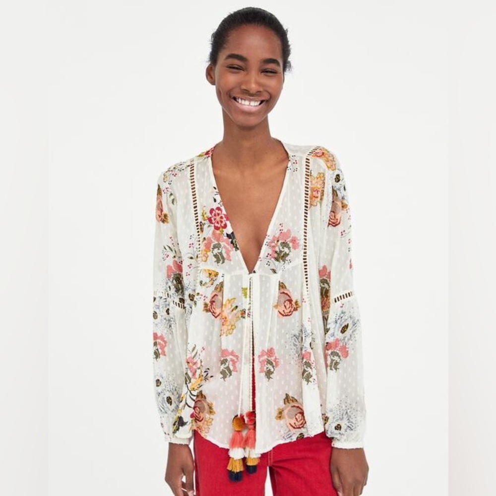 Zara Sheer Floral Embroidered Tie Front Kimono Sz M